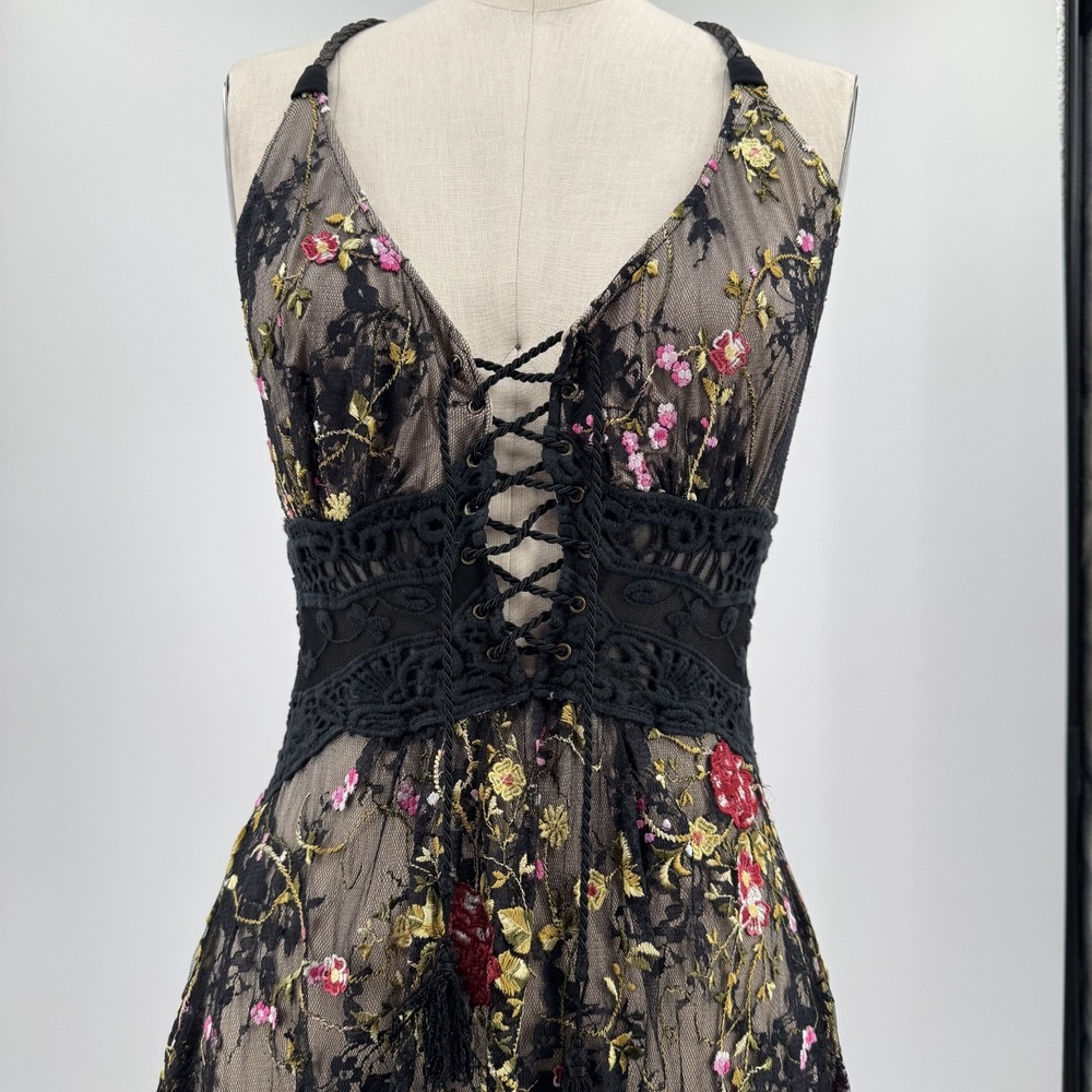 Sky Mini Dress Corset Womens S Black Floral Embroidered Lace Mesh Y2K Made USA - Picture 4 of 13